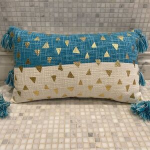 Pier One Lumbar Teal White Pillow with Tassels